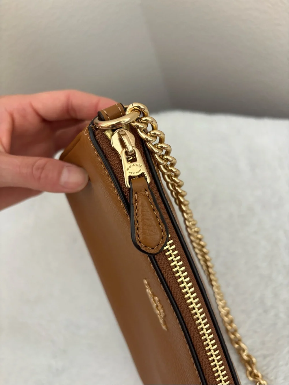 Coach Tan Leather Nolita 19 Wristlet with Gold Chain